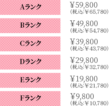 Aランク:59,800+税 Bランク:49,800+税 Cランク:39,800+税 Dランク:29,800+税 Eランク:19,800+税 Fランク:9,800+税